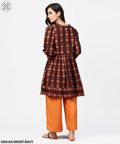 Dark Blue Printed 3/4Th Sleeve Cotton A-Line Tunic