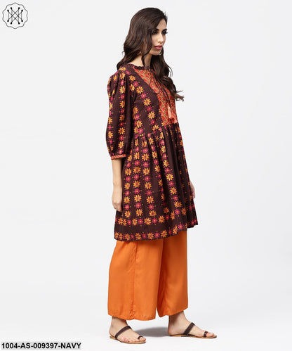 Dark Blue Printed 3/4Th Sleeve Cotton A-Line Tunic