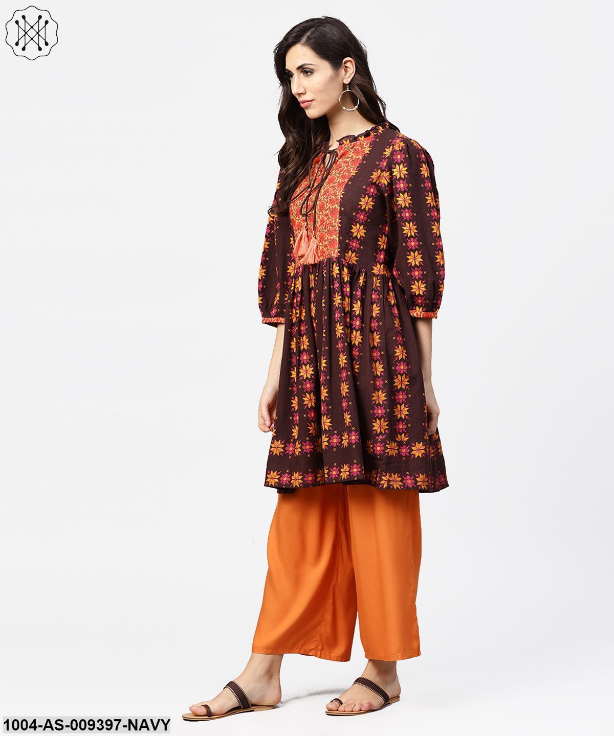 Dark Blue Printed 3/4Th Sleeve Cotton A-Line Tunic