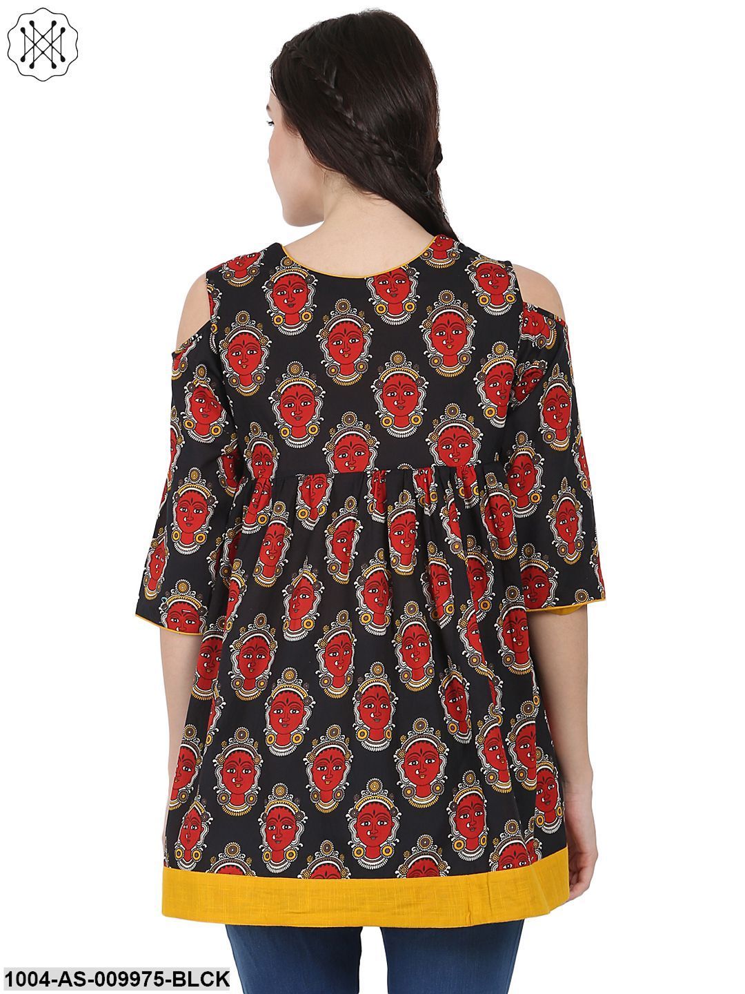 Black & Red Printed 3/4Th Sleeve Cotton Flared Tunics