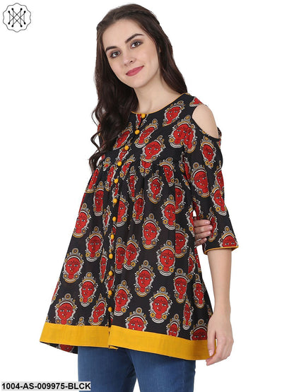 Black & Red Printed 3/4Th Sleeve Cotton Flared Tunics