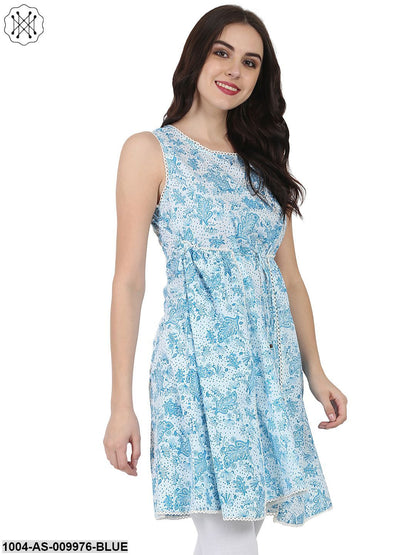 Blue Printed Sleeveless Cotton Tunic
