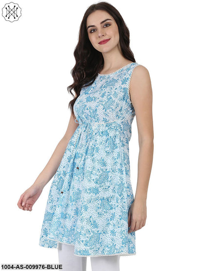Blue Printed Sleeveless Cotton Tunic