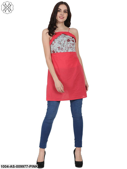 Pink Shoulder Strap Cotton Yoke Printed Tunic