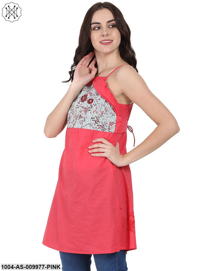 Pink Shoulder Strap Cotton Yoke Printed Tunic