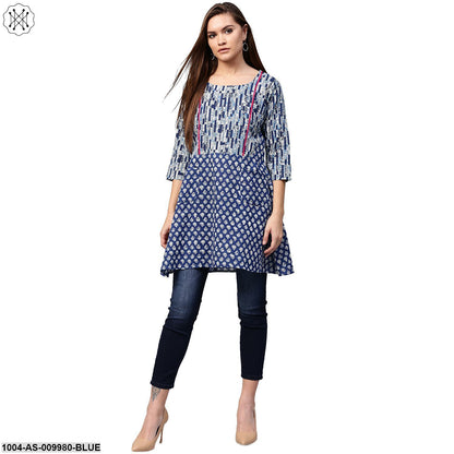 Blue Printed 3/4Th Sleeve Cotton A-Line Tunics