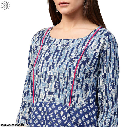 Blue Printed 3/4Th Sleeve Cotton A-Line Tunics