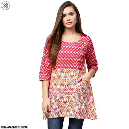 Red & Peach Printed 3/4Th Sleeve Cotton A-Line Tunics