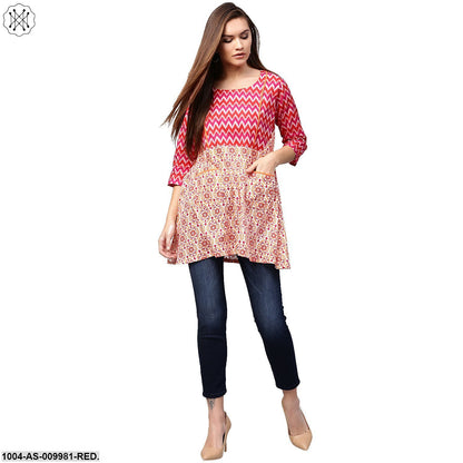 Red & Peach Printed 3/4Th Sleeve Cotton A-Line Tunics