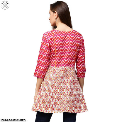 Red & Peach Printed 3/4Th Sleeve Cotton A-Line Tunics