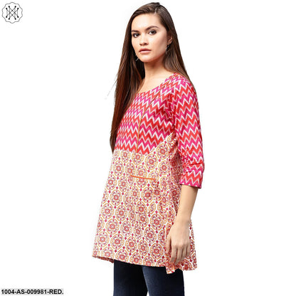 Red & Peach Printed 3/4Th Sleeve Cotton A-Line Tunics
