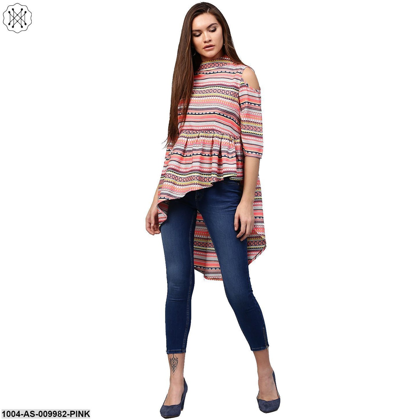 Multi Printed 3/4Th Sleeve Cold Shoulder Assymetric Tunic