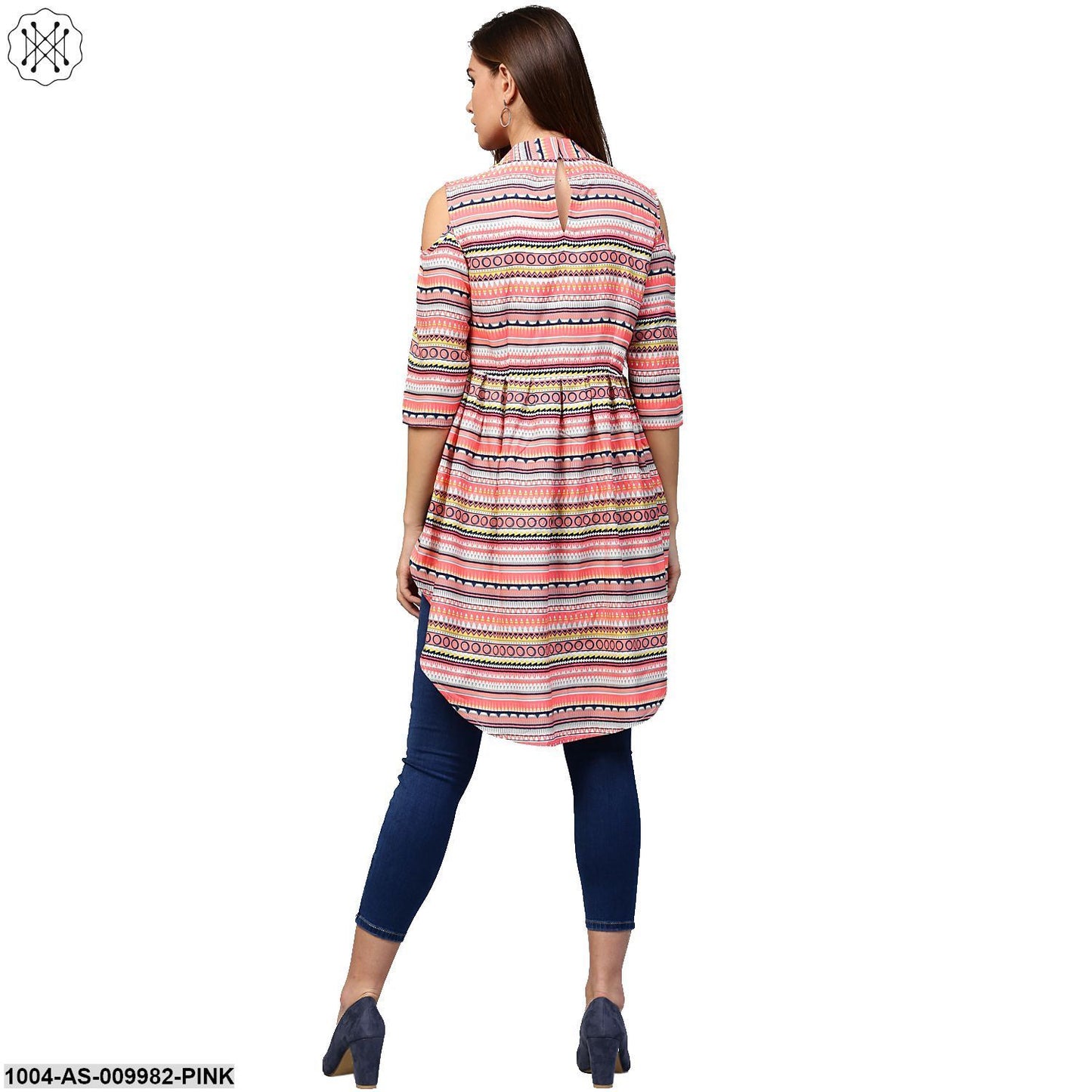 Multi Printed 3/4Th Sleeve Cold Shoulder Assymetric Tunic