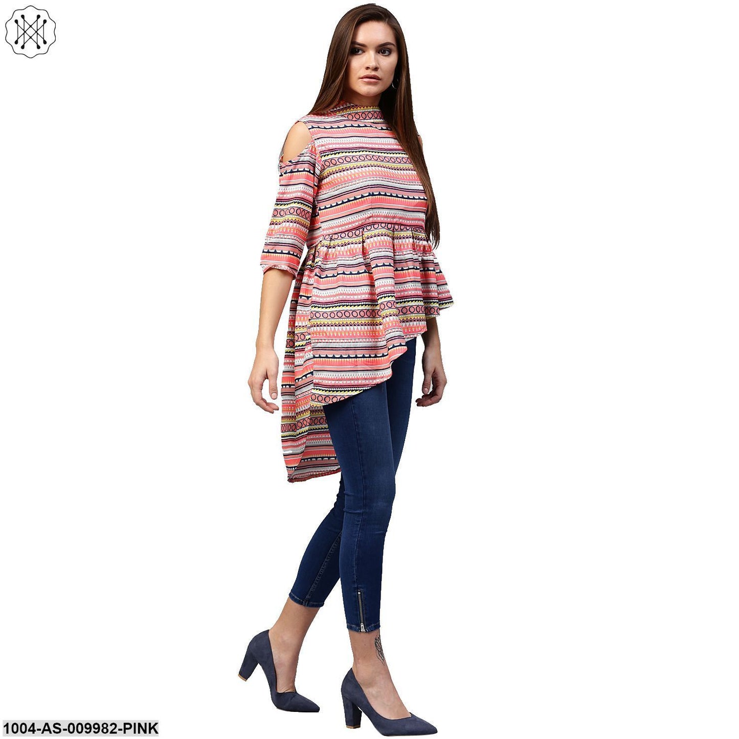 Multi Printed 3/4Th Sleeve Cold Shoulder Assymetric Tunic