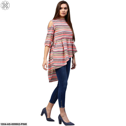 Multi Printed 3/4Th Sleeve Cold Shoulder Assymetric Tunic