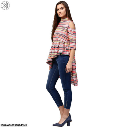 Multi Printed 3/4Th Sleeve Cold Shoulder Assymetric Tunic