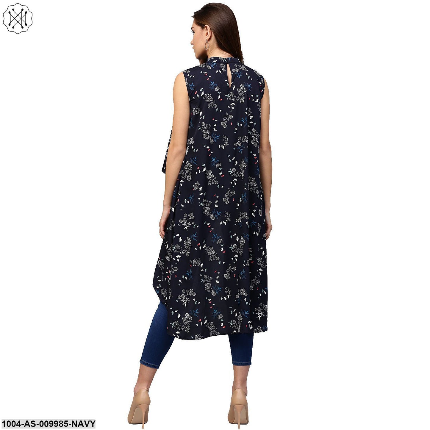 Navy Blue Printed Sleeveless Crepe Low High Tunics