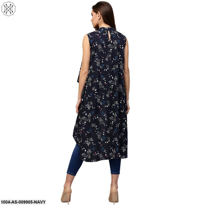 Navy Blue Printed Sleeveless Crepe Low High Tunics