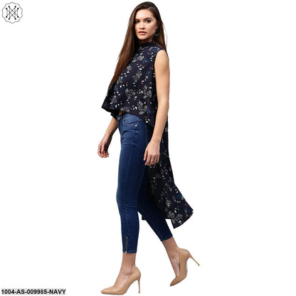 Navy Blue Printed Sleeveless Crepe Low High Tunics