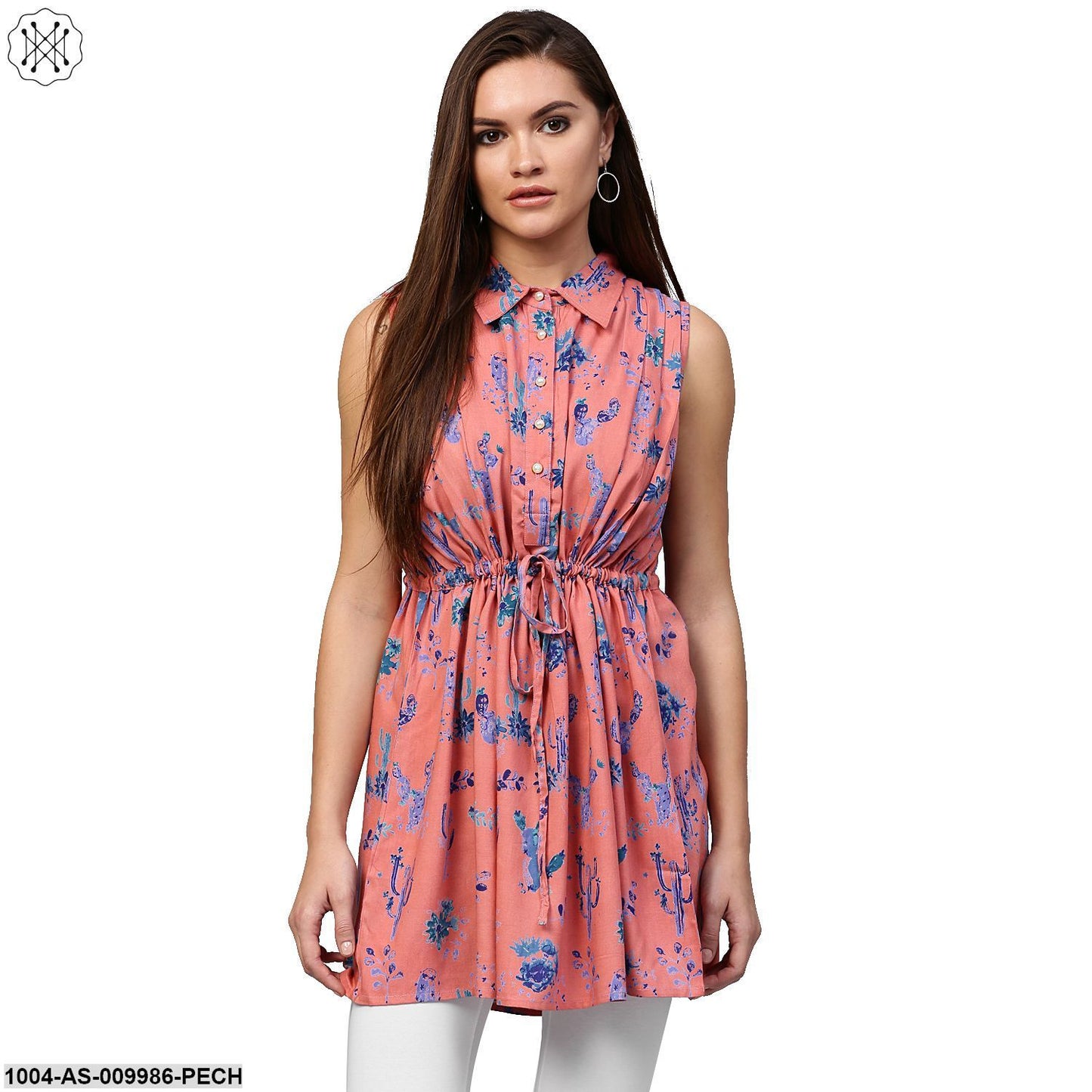 Peach Printed Sleeveless Rayon A-Line Tunic