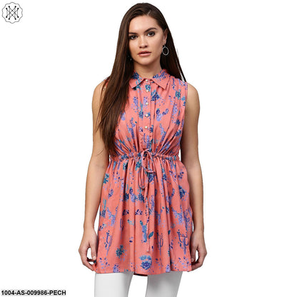 Peach Printed Sleeveless Rayon A-Line Tunic