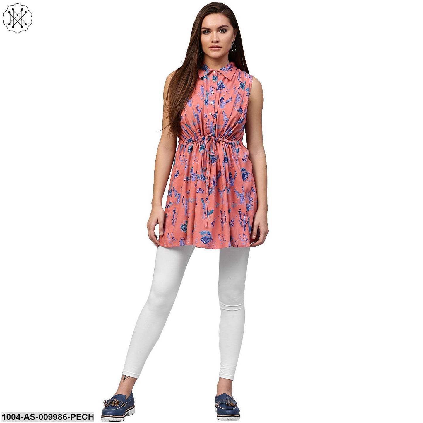 Peach Printed Sleeveless Rayon A-Line Tunic