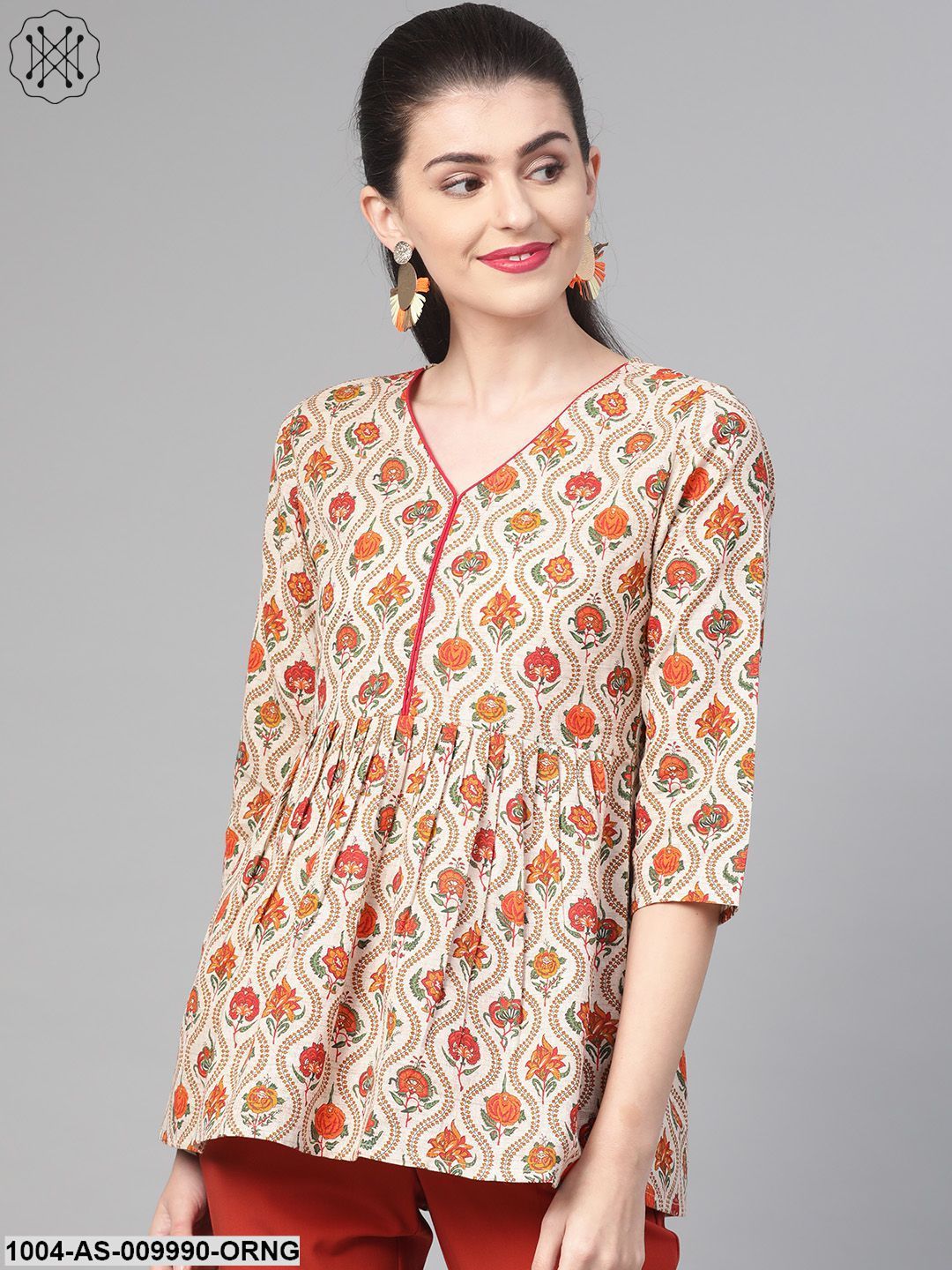 Women Cream & Orange Cotton Printed V-Neck Tunic
