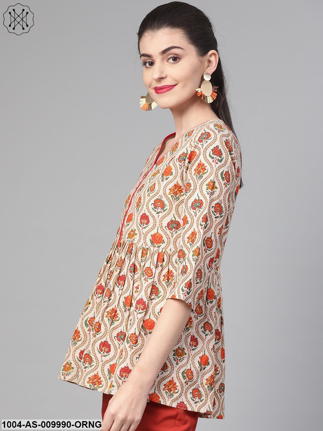Women Cream & Orange Cotton Printed V-Neck Tunic