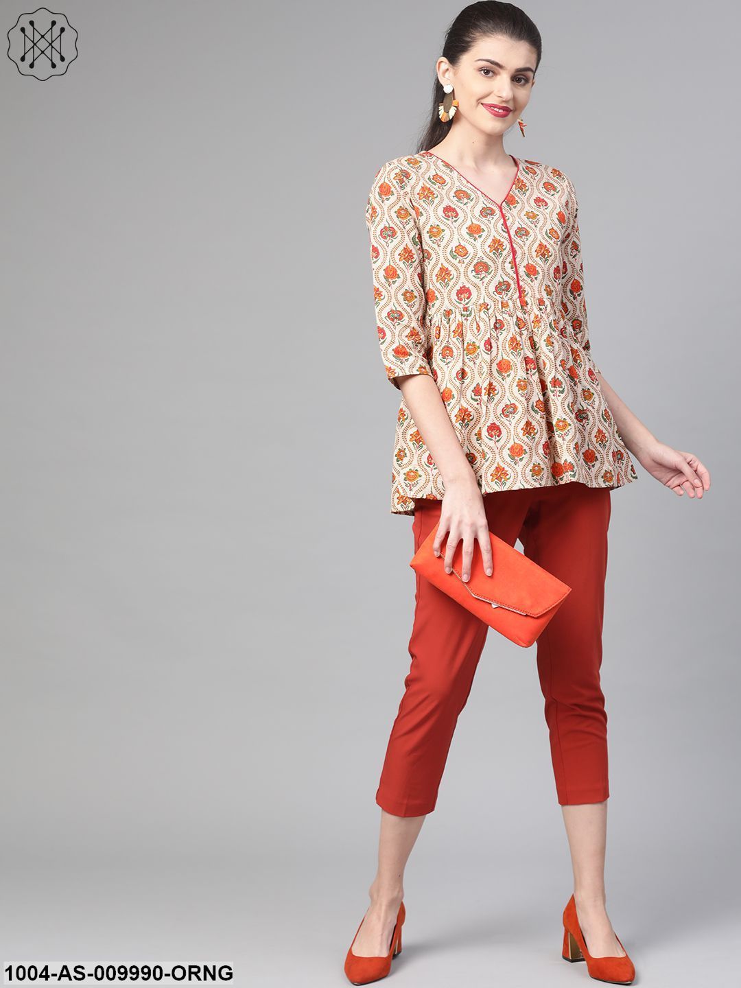 Women Cream & Orange Cotton Printed V-Neck Tunic