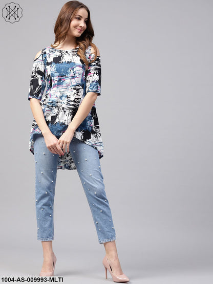 Multi Printed Half Cold Shoulder Sleeve Rayon Tunics