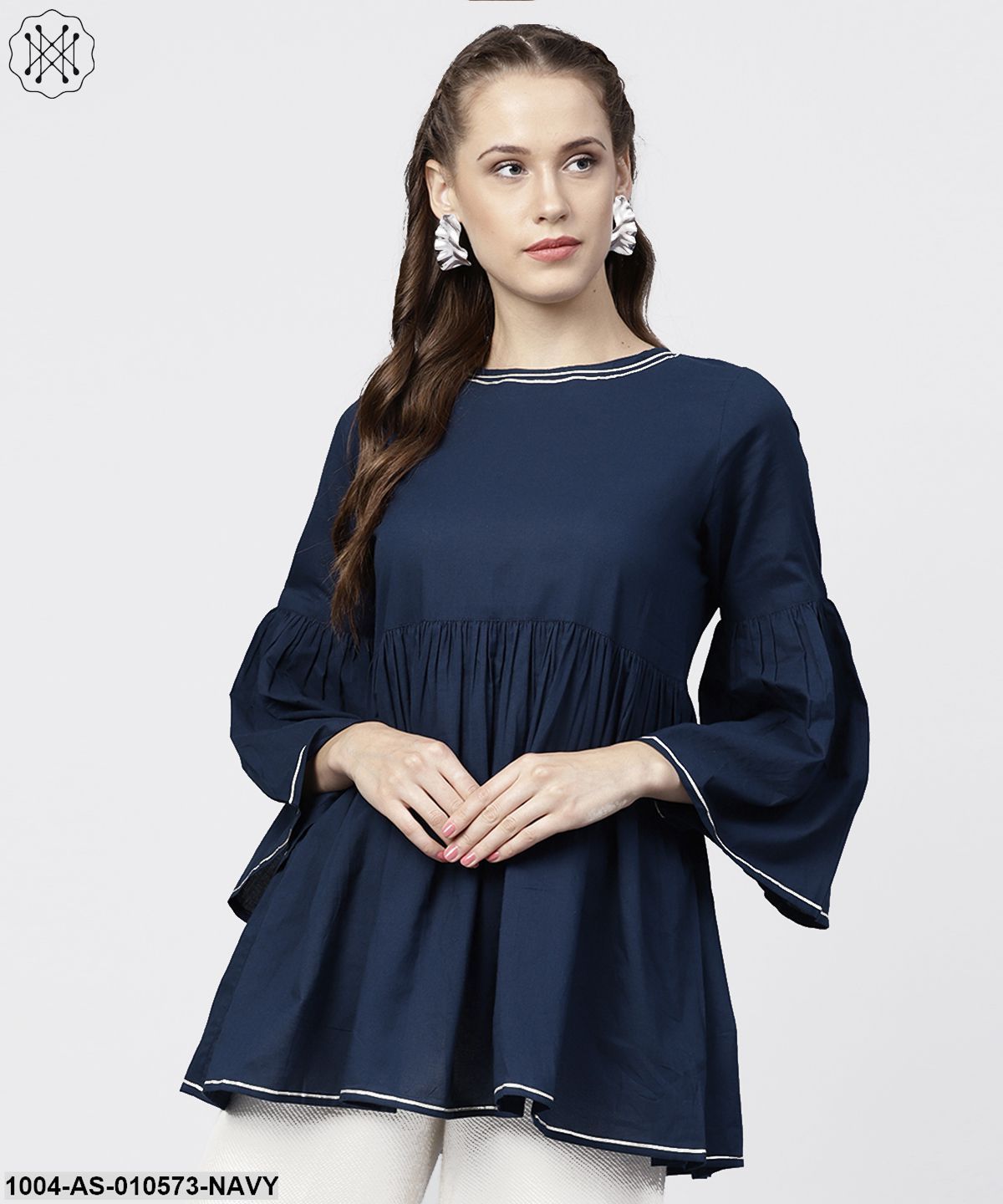 Women Navy Blue Solid Round Neck Long Sleeves Cotton Tunic