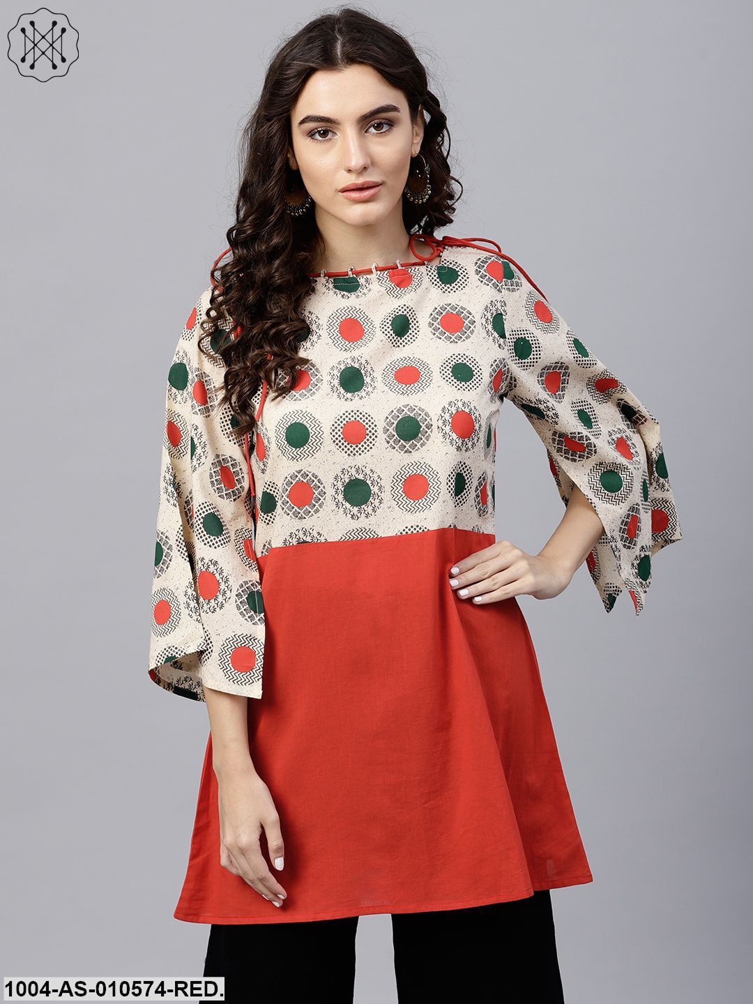 Women Red Printed Boat Neck Three-Quarter Sleeves Cotton Tunic