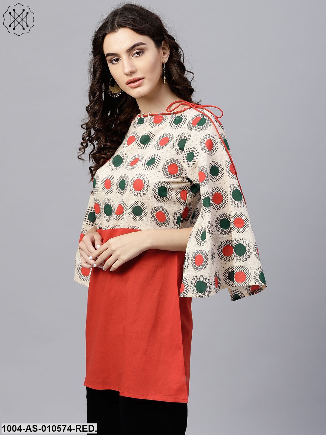 Women Red Printed Boat Neck Three-Quarter Sleeves Cotton Tunic