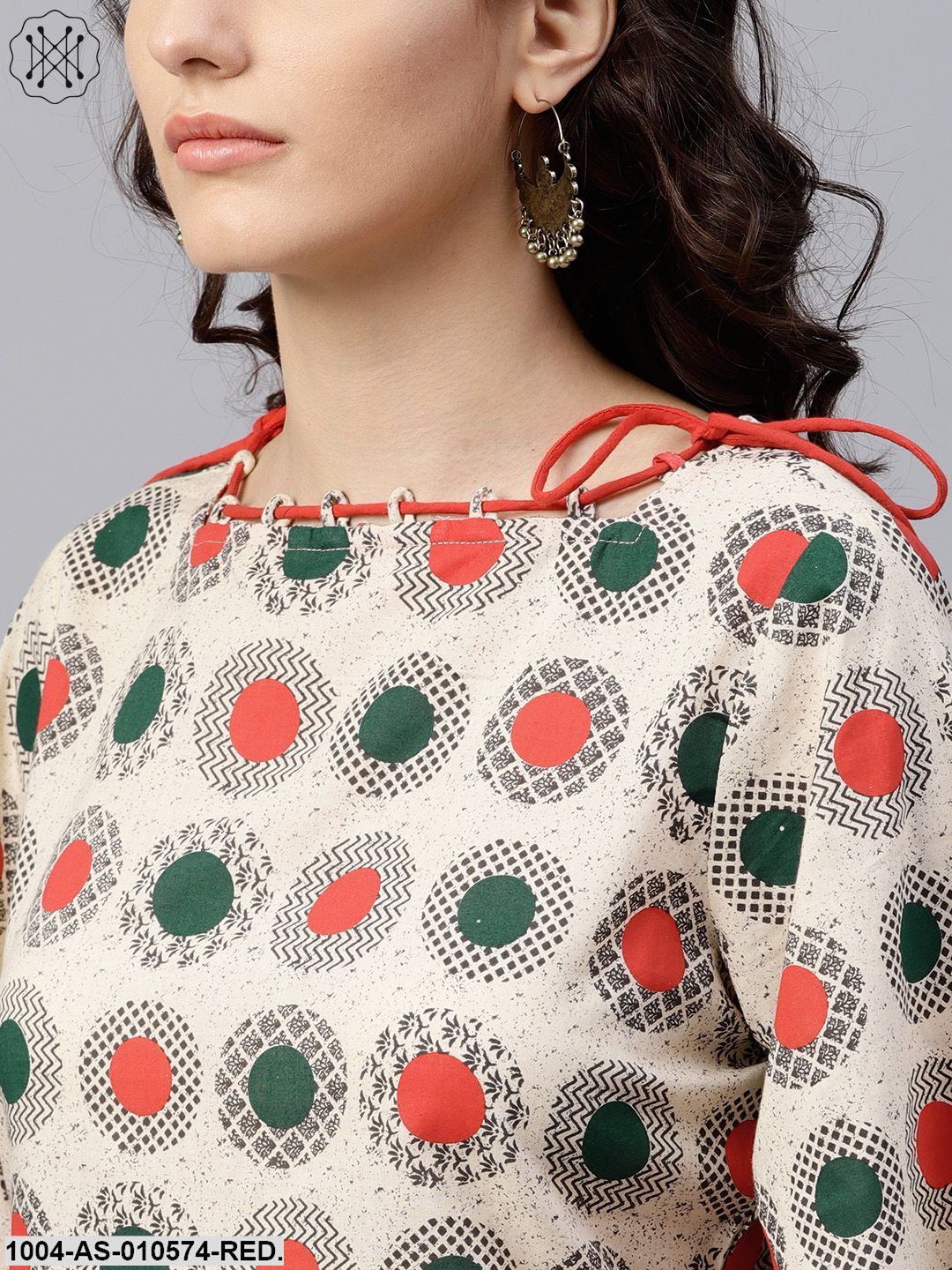 Women Red Printed Boat Neck Three-Quarter Sleeves Cotton Tunic