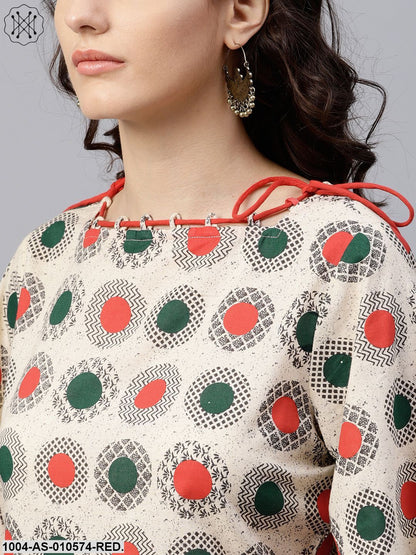 Women Red Printed Boat Neck Three-Quarter Sleeves Cotton Tunic