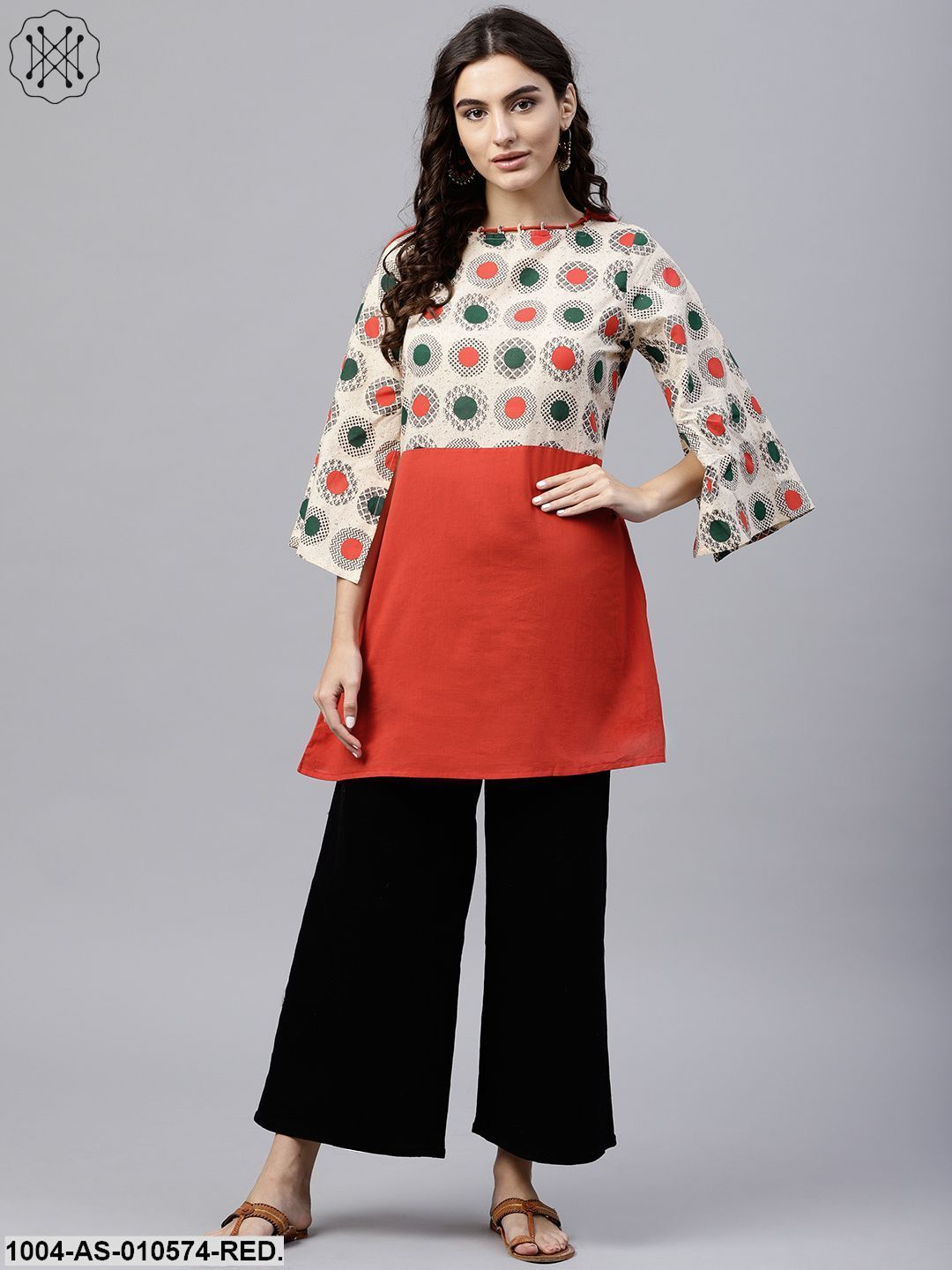 Women Red Printed Boat Neck Three-Quarter Sleeves Cotton Tunic