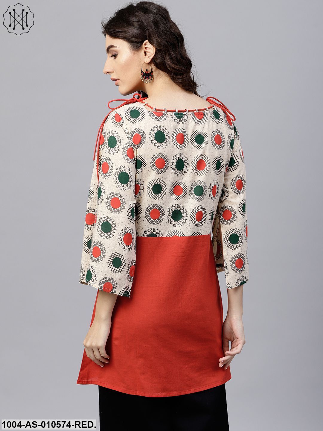 Women Red Printed Boat Neck Three-Quarter Sleeves Cotton Tunic
