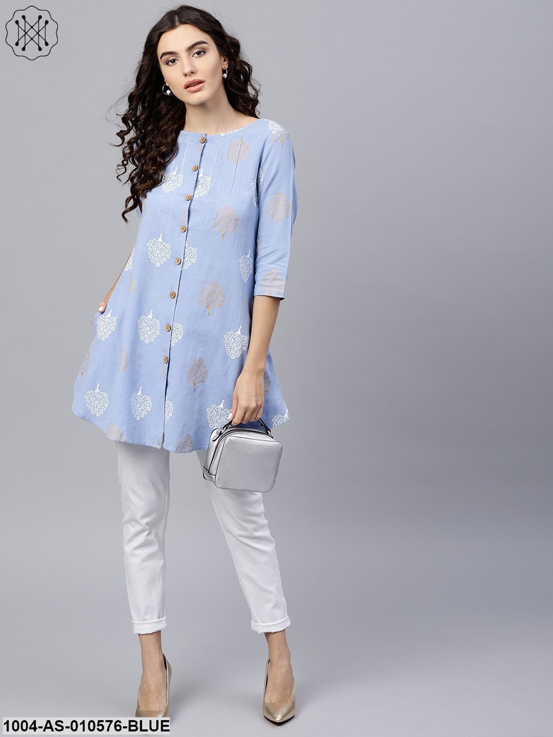 Women Blue Printed Round Neck Three-Quarter Sleeves Cotton Tunic