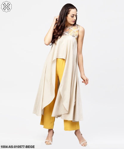 Women Beige Printed Round Neck Sleeveless Cotton Tunic