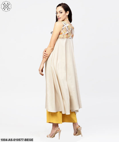 Women Beige Printed Round Neck Sleeveless Cotton Tunic