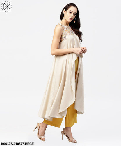 Women Beige Printed Round Neck Sleeveless Cotton Tunic