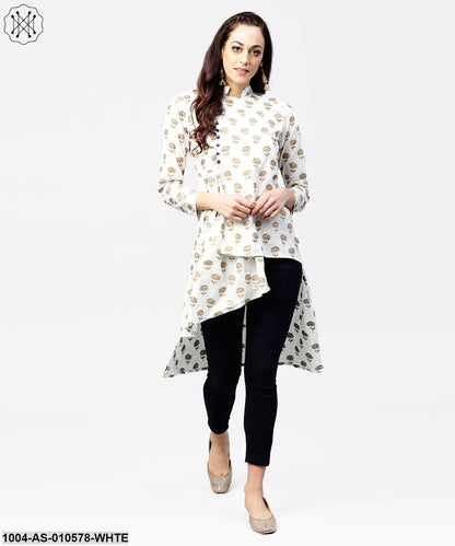 Women White Printed Mandarin Collar Three-Quarter Sleeves Cotton Tunic