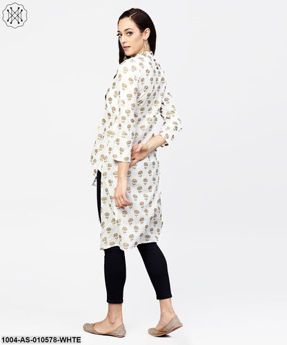 Women White Printed Mandarin Collar Three-Quarter Sleeves Cotton Tunic