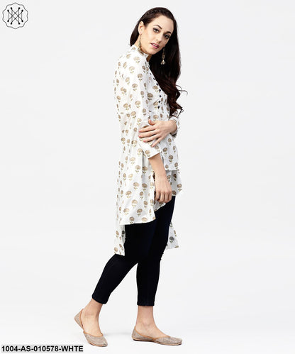 Women White Printed Mandarin Collar Three-Quarter Sleeves Cotton Tunic