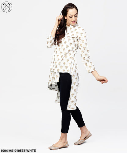 Women White Printed Mandarin Collar Three-Quarter Sleeves Cotton Tunic