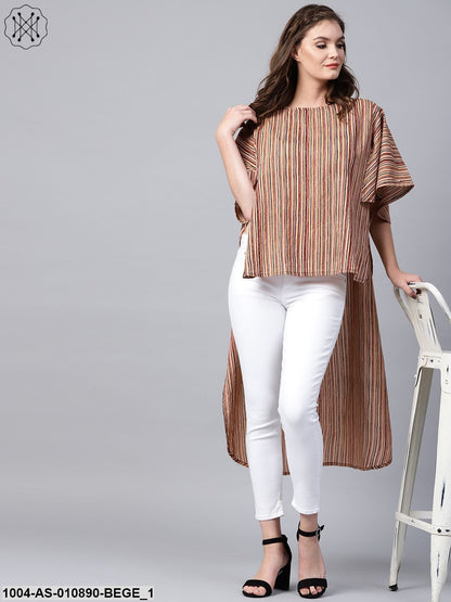 Beige Striped Half Sleeve Low High Cotton Tunics