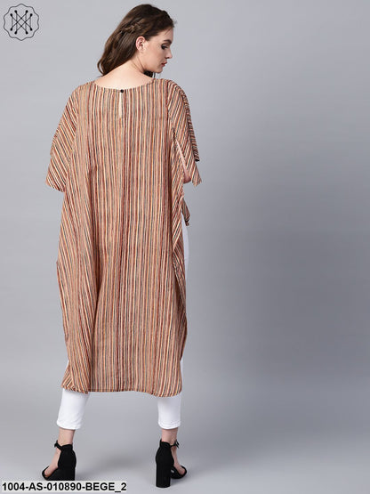 Beige Striped Half Sleeve Low High Cotton Tunics