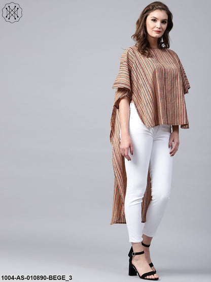Beige Striped Half Sleeve Low High Cotton Tunics