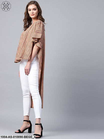 Beige Striped Half Sleeve Low High Cotton Tunics