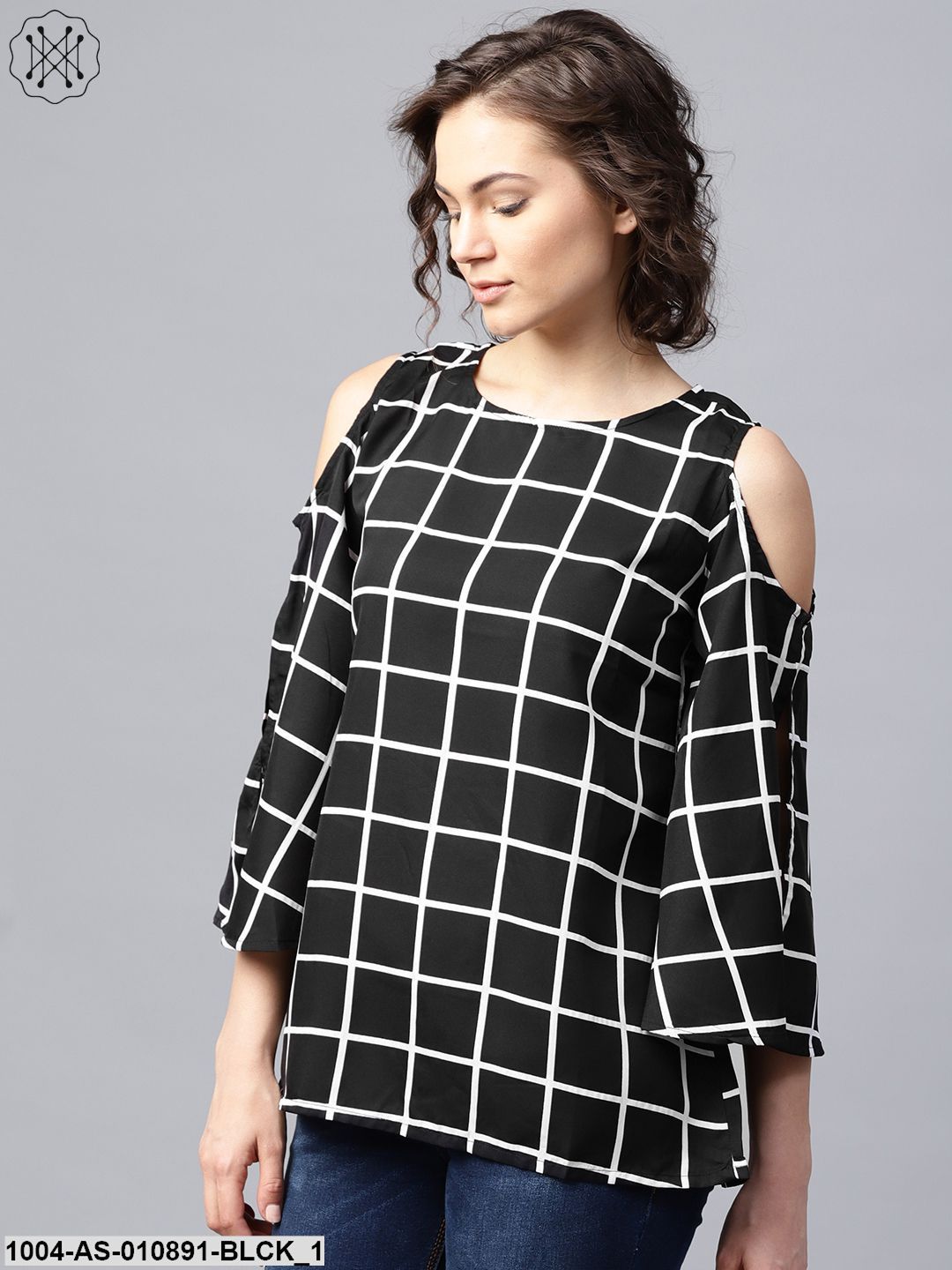 Black Checked 3/4Th Sleeve Cold Shoulder Crepe Tunic